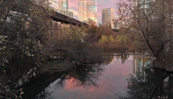 Austin Hike and Bike Trail - Train Trestle 1 Sunset Right Greeting Card Poster - Over Lady Bird Lake @Felipe Adan Lerma - All Rights Reserved