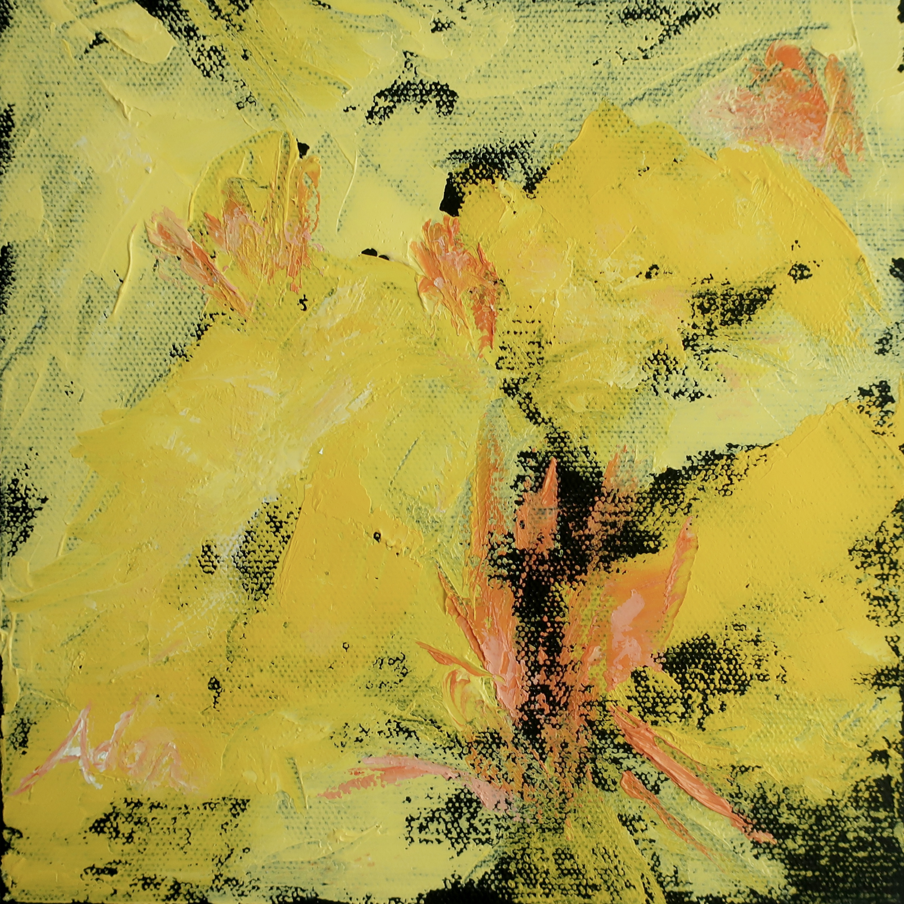 Yellow Blooms Coral Accents ©Felipe Adan Lerma - 8x8 inch gallery wrap water soluble oil painting.