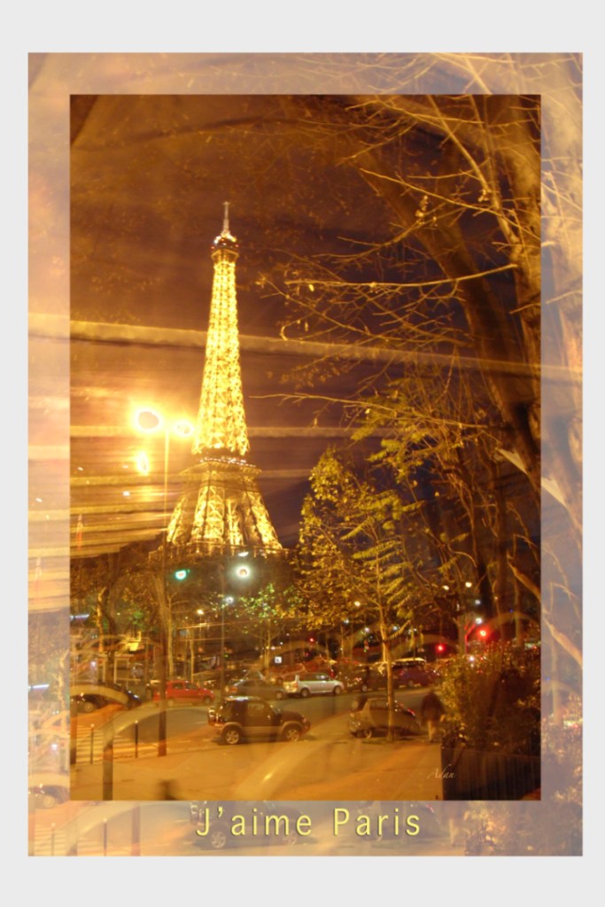 Eiffel Tower Bus Tour Night Poster with paper outline © Felipe Adan Lerma