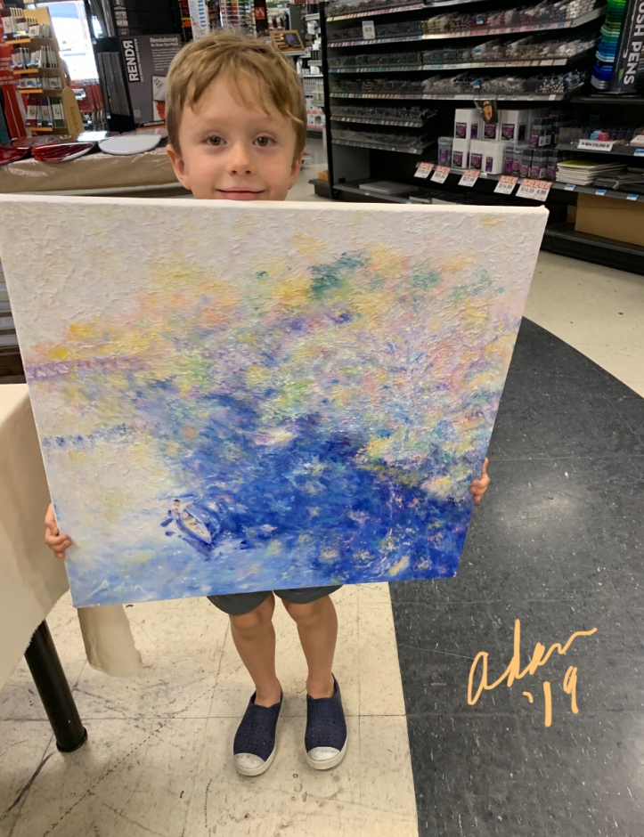 Grandson holding Autumn Austin (the sold painting) at drop off for the U.S. Veterans Art Show at Jerry’s Artarama 2019 🇺🇸 🎨