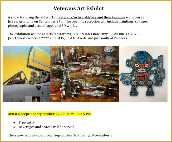 U.S. Veterans Art Show Flyer 2019 at Jerrys Artarama Austin Texas - for more info call 512.842.4639 .