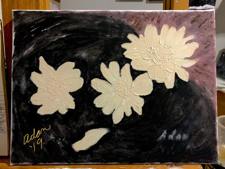 Floating Blooms Acrylic Experiment, Adding Background base, sig location 11.30.19 ©Felipe Adan Lerma