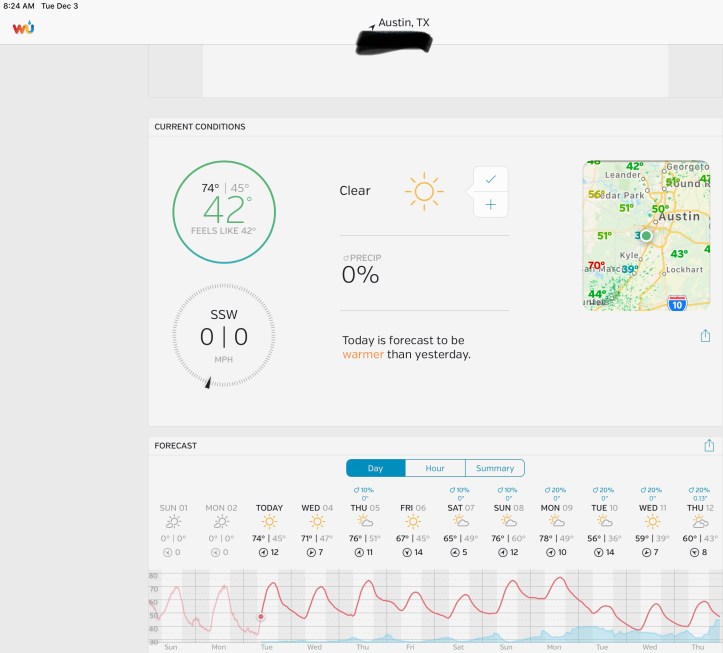 42, Temp in Austin Tx 12.03.19