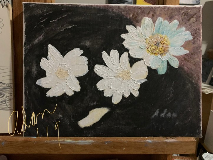 Floating Blooms Acrylic Experiment, Adding Light/Shadow Notan on Left 2 Blooms - Finish for the day 12.02.19 ©Felipe Adan Lerma