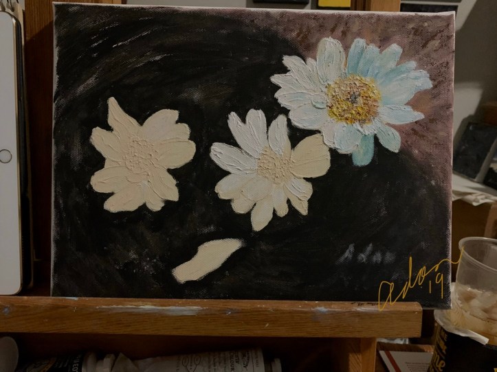 Floating Blooms Acrylic Experiment, Adding Light/Shadow Notan on Bloom - Finish for the day 12.01.19 ©Felipe Adan Lerma