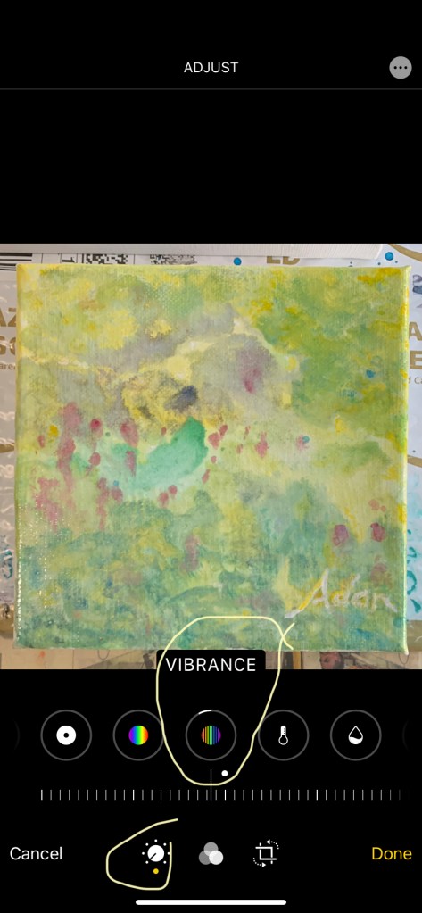 Photo Adjustment of In-Progress 6x6 acrylic on Absorbent Ground, step 3 of 4 12.30.19 Reduce Vibrance