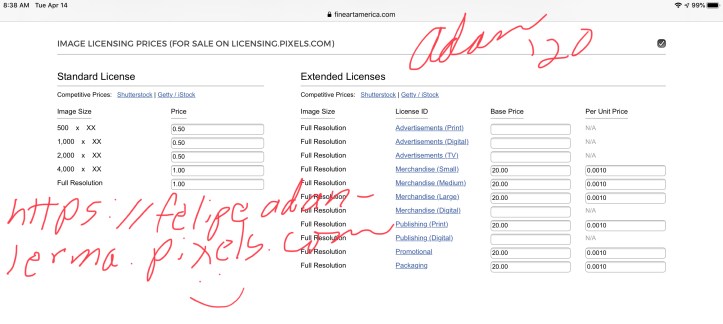 Licensing price changes on my Fine Art America site Apr 2020 - https://felipeadan-lerma.pixels.com
