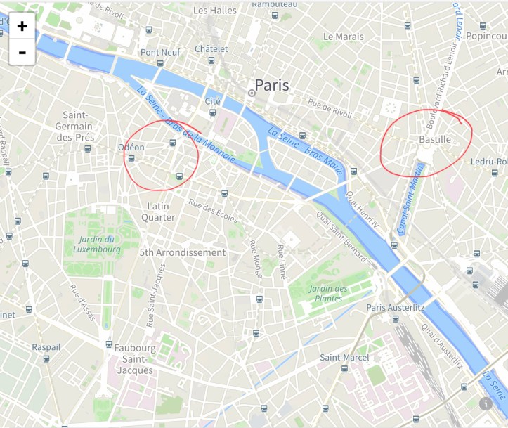 Google Map of Paris - Circled: where we stayed 2012 + the Bastille traffic circle