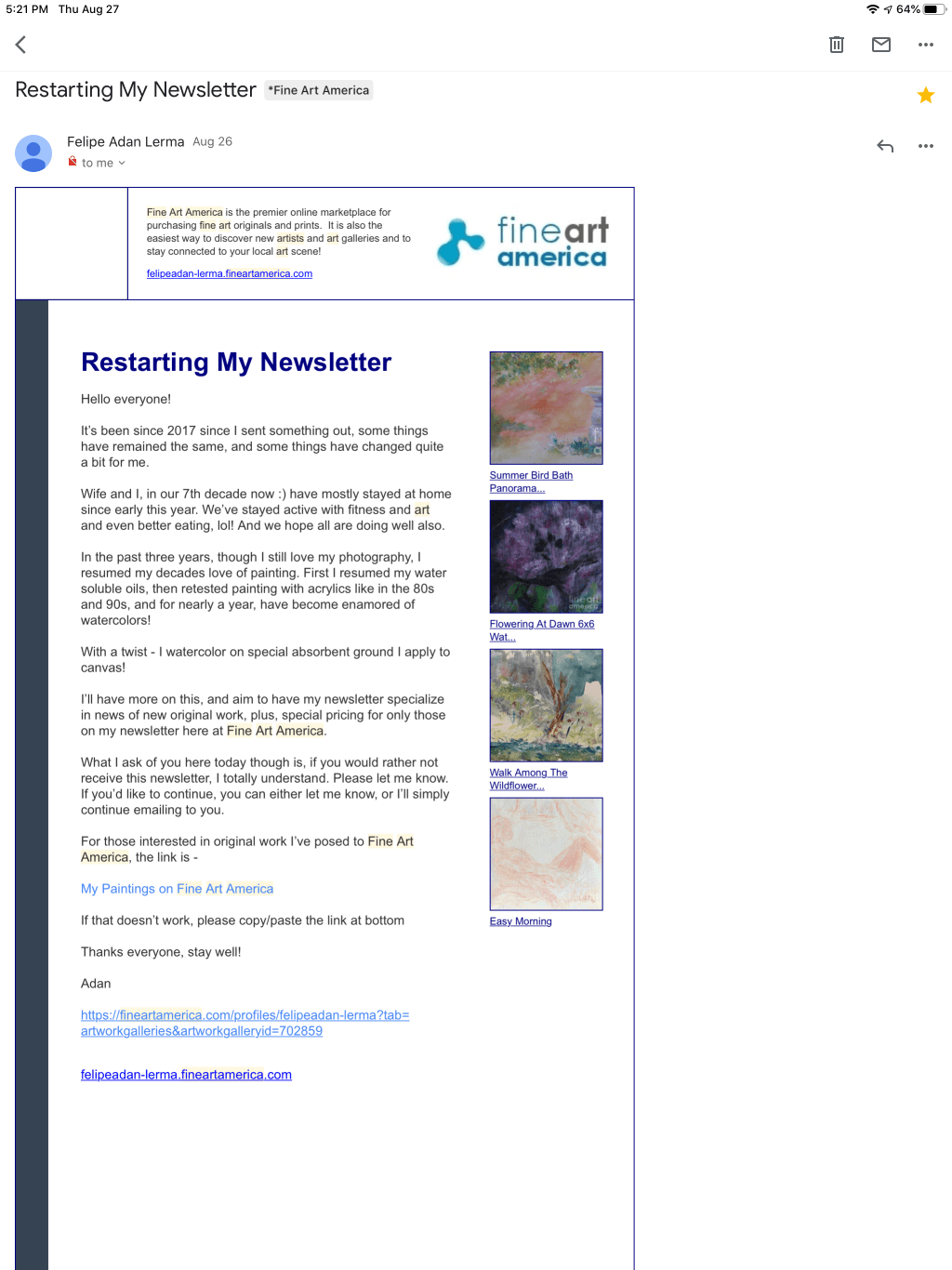 Newsletter Update: What My Newsletter from Fine Art America Looks Like via Email&nbsp;08.29.20