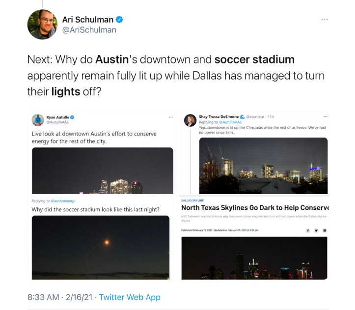 Contrast Dallas and Austin lights use during #TexasFreeze via Ari Schulman @AriSchulman https://twitter.com/arischulman/status/1361685147402317824?s=21