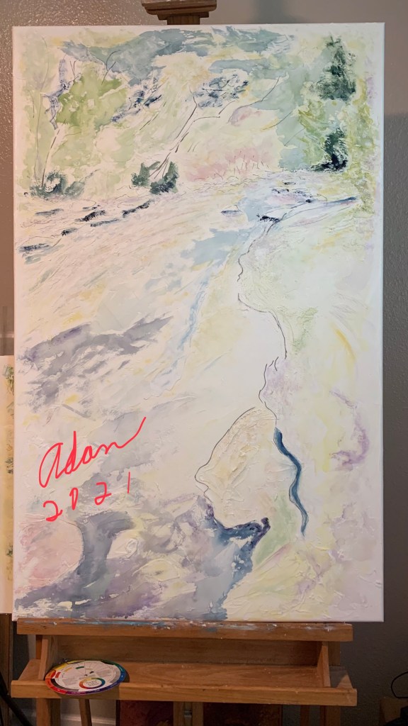 New watercolor with pen & ink 25x40 inch stretched canvas Barton Creek Greenbelt work in progress ©Felipe Adan Lerma