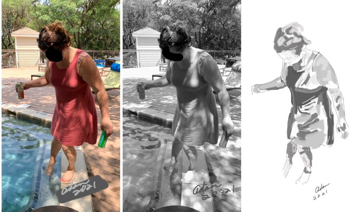 Figure photo, line art & value study ©Felipe AdanLerma for 25x40 Austin Greenbelt watercolor on canvas 07.22.21
