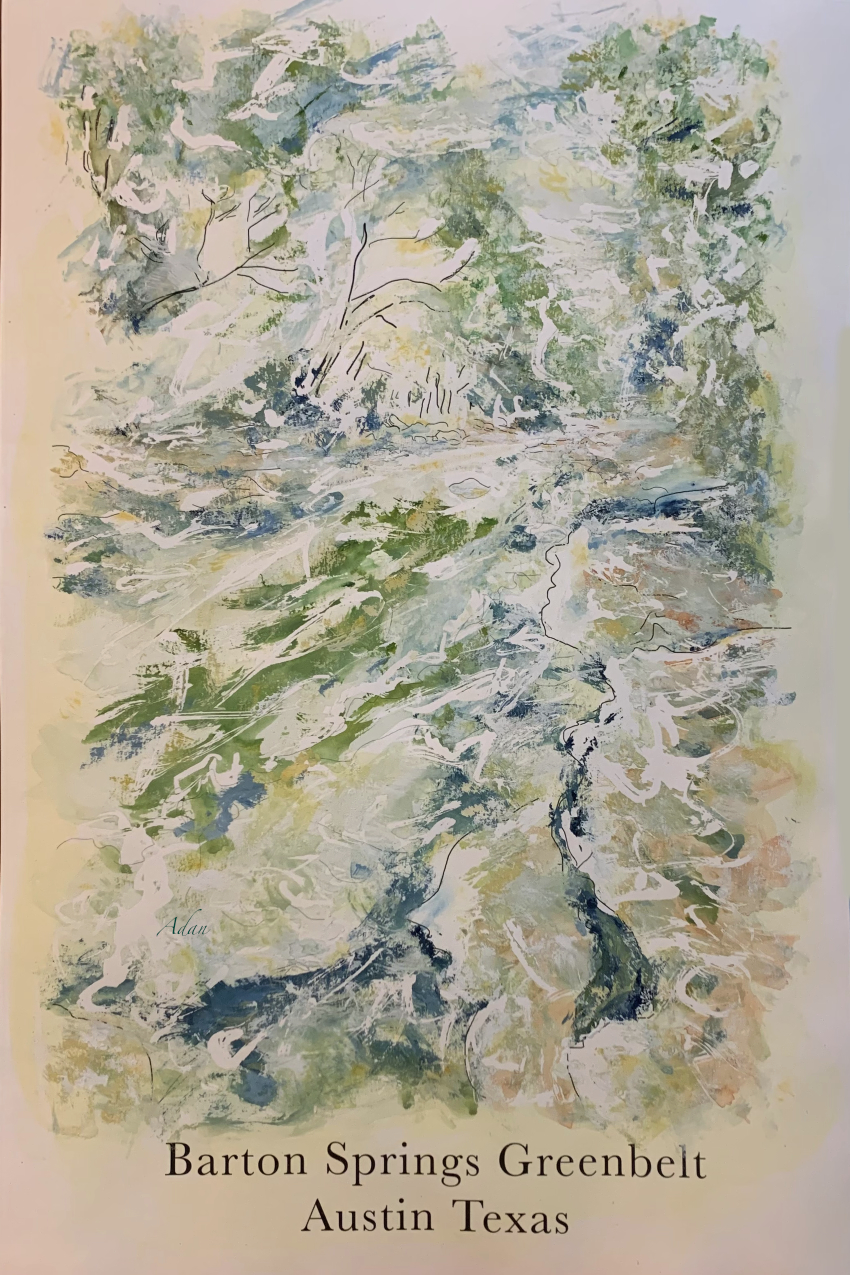 July 14, 2021 – Creating New Version Variations on My Barton Springs Greenbelt Austin Poster Template via the Creation of Just One New Painting, Part 4, Finished&nbsp;Watercolor