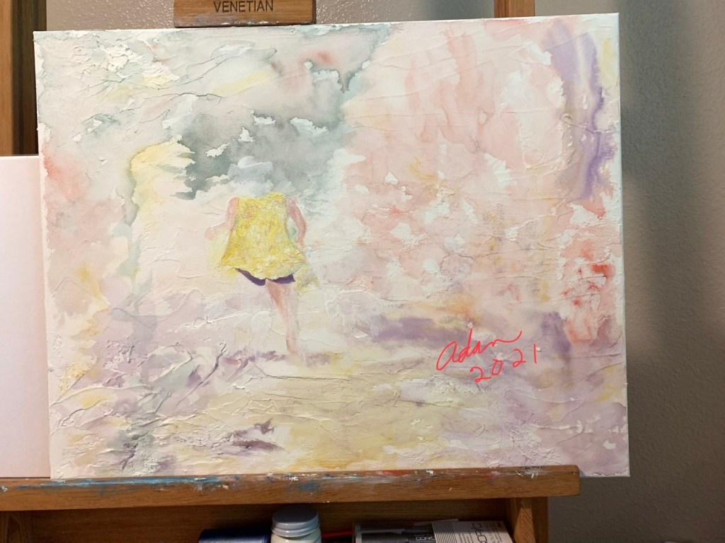 September 09, 2021 – Continuing Work on Figure Art on Light Molding Paste on Canvas, (tentative title) “Fantasy Walk”