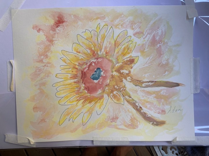 Sunflower in Dappled Light Study 1 2nd rendition ©Felipe Adan Lerma, watercolor on paper with masking fluid