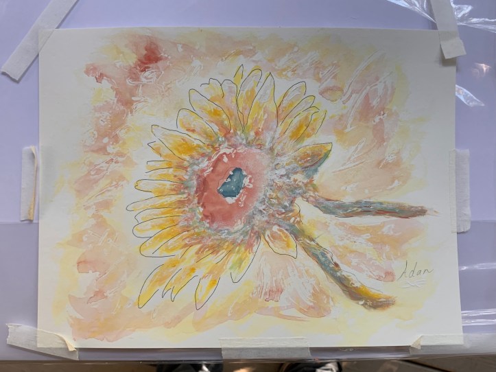 Sunflower in Dappled Light Study 1 3rd rendition ©Felipe Adan Lerma, watercolor on paper with masking fluid, Sept 2021