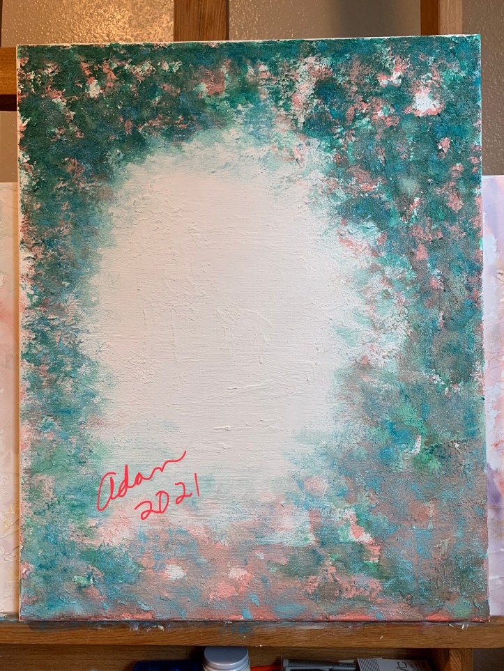 Acrylic over watercolor over light molding paste (possible title, Holiday Walk) ©Felipe Adan Lerma