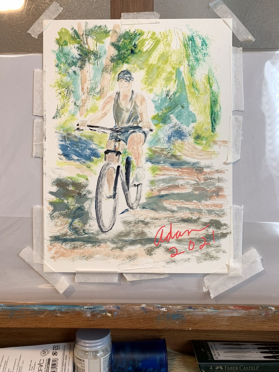 October 05, 2021 – Girl on Bicycle Study 1, #Watercolor on Paper; 1st Paint Lay-in Over Masking Fluid