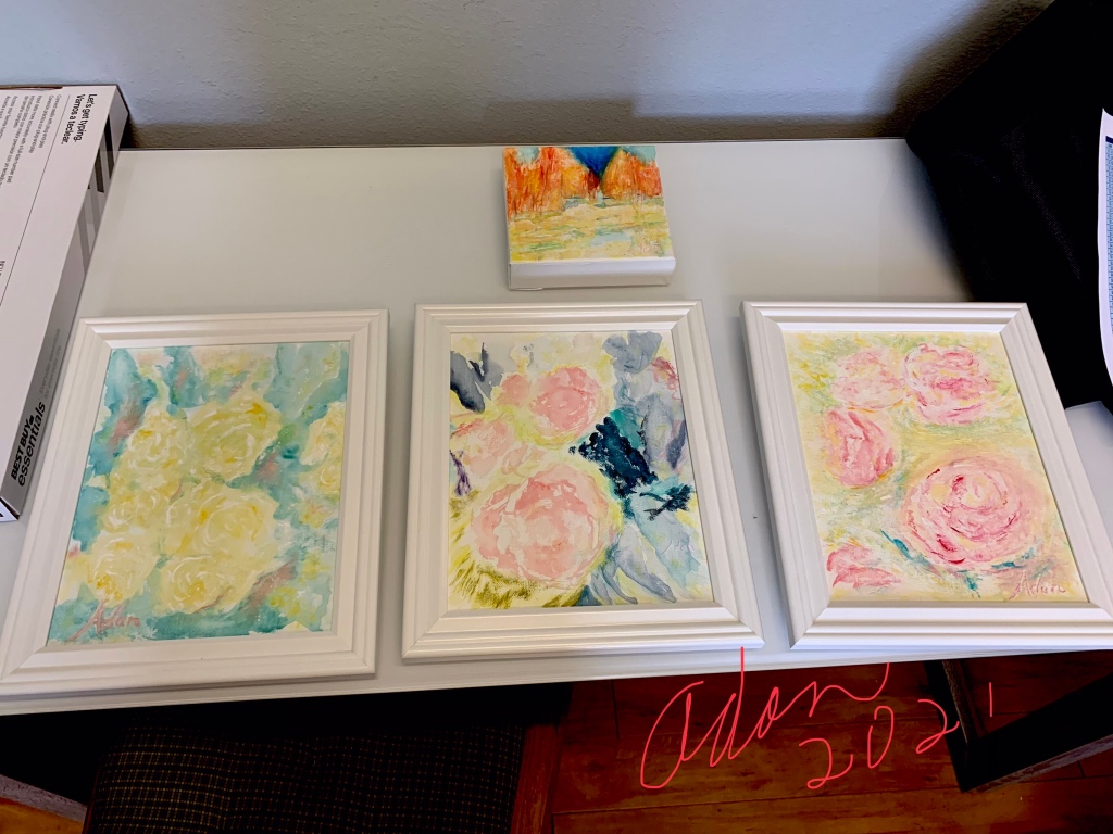 July 14, 2022 – Sold! Center Watercolor, Pink Blue Garden circa 2020, at The Old Bakery and Emporium #AustinTexas