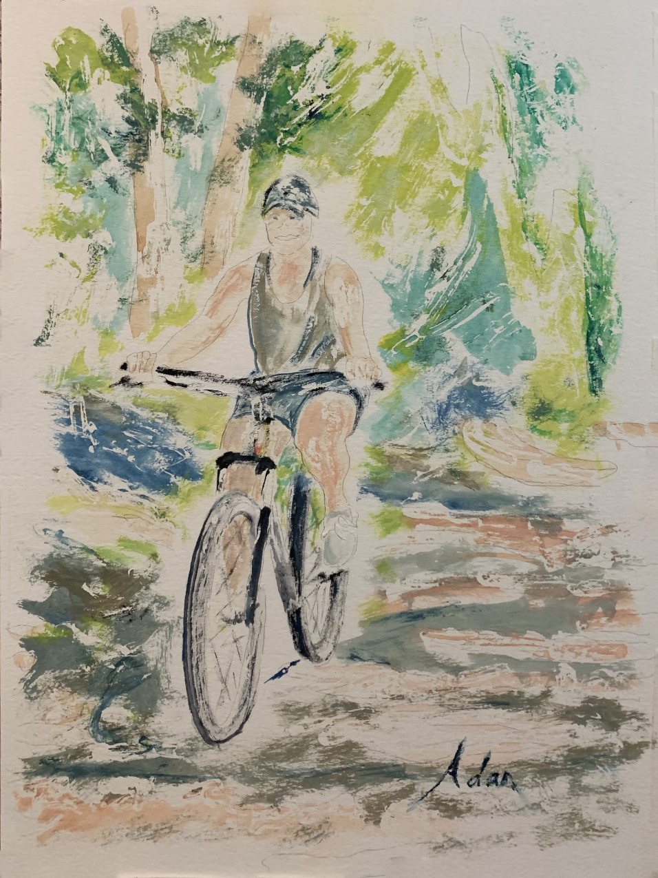 October 08, 2021 – Girl on Bicycle Study 1 v2, #Watercolor on Paper; Masking Fluid Removed, Minor Adjustments = Similar Yet Different Picture : Calling it Done!