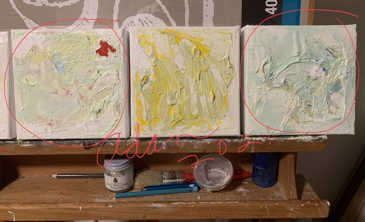 Circled, in-progress 6x6 acrylics I salvaged/recreated into new work, after messing up (ruining) the pics underneath them ☺️ ©Felipe Adan Lerma Dec 2021