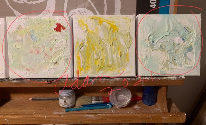 Circled, in-progress 6x6 acrylics I salvaged/recreated into new work, after messing up (ruining) the pics underneath them ☺️ ©Felipe Adan Lerma Dec 2021