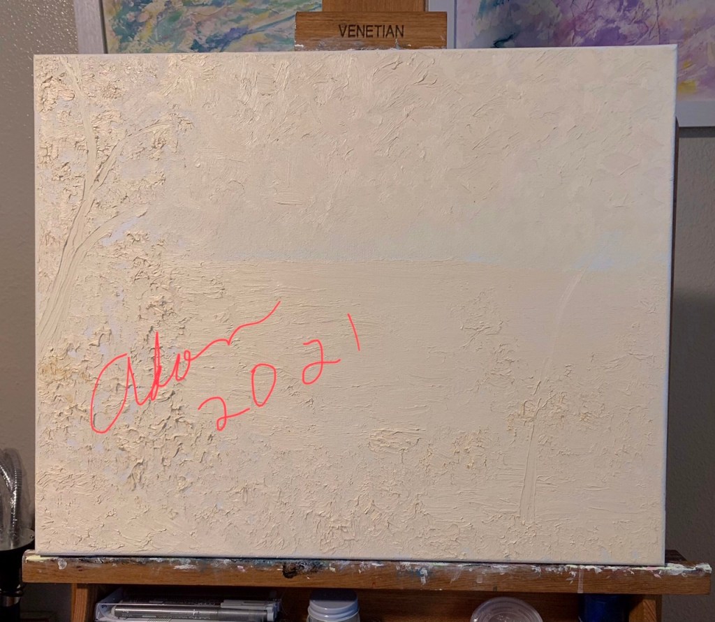 December 28, 2021 – Found One of My 2005 (or so) Gesso / Oil In-lays on Canvas With a Landscape Relief Texture That Pre-figures My Light Molding Paste Painting Experiments I’m Doing&nbsp;Now!