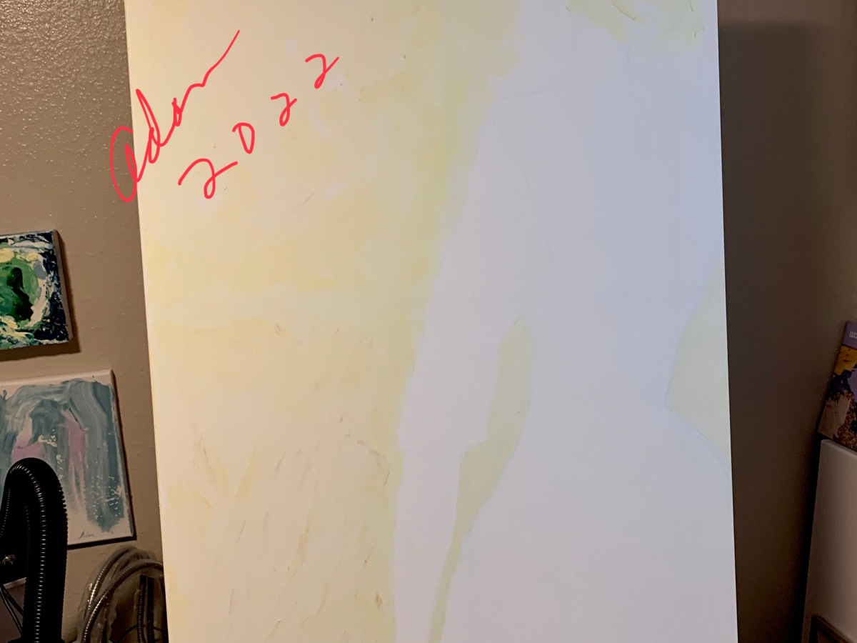 February 02, 2022 – New In-Progress 24×36, Hopefully an Acrylic-Watercolor Mesh, Image ala Frederick Childe Hassam’s On the Balcony, My Painting – Dreaming With the Moon and Stars, Part 1