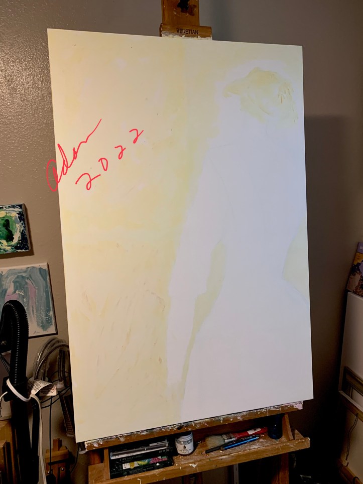 In-progress 1st lay-in, Dreaming With the Moon and Stars ©Felipe Adan Lerma Jan 2022, 24x36 on canvas, possibly a mesh of acrylic & watercolor in different areas
