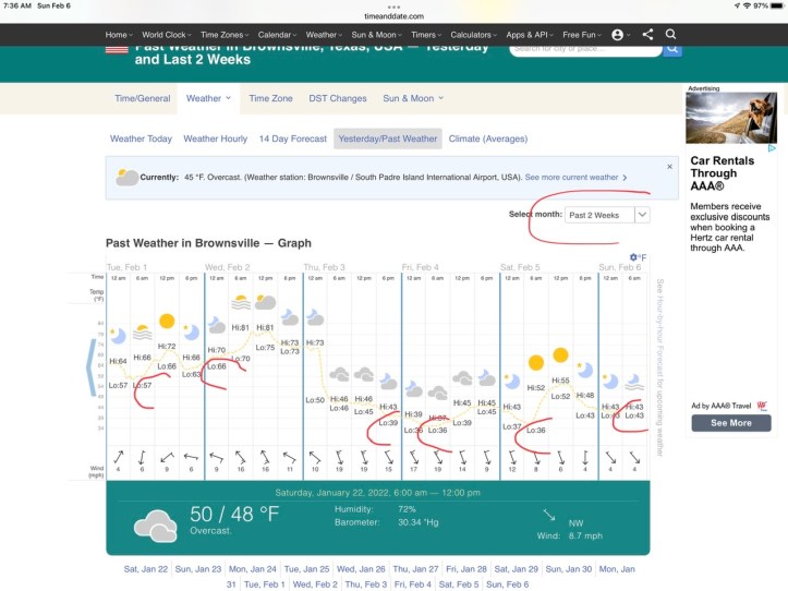 Weather data Brownsville Feb 2022 https://www.timeanddate.com/weather/usa/brownsville/historic?month=2&year=2022