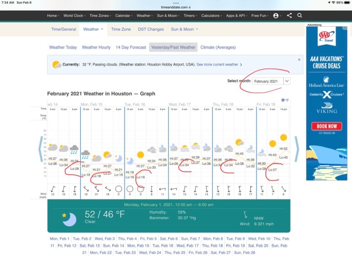Weather data Houston Feb 2021 https://www.timeanddate.com/weather/usa/Houston/historic?month=2&year=2021