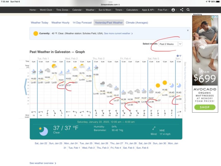 Weather data Galveston Feb 2022 https://www.timeanddate.com/weather/usa/Galveston/historic?month=2&year=2022