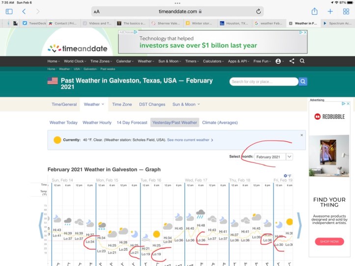 Weather data Galveston Feb 2021 https://www.timeanddate.com/weather/usa/galveston/historic?month=2&year=2021