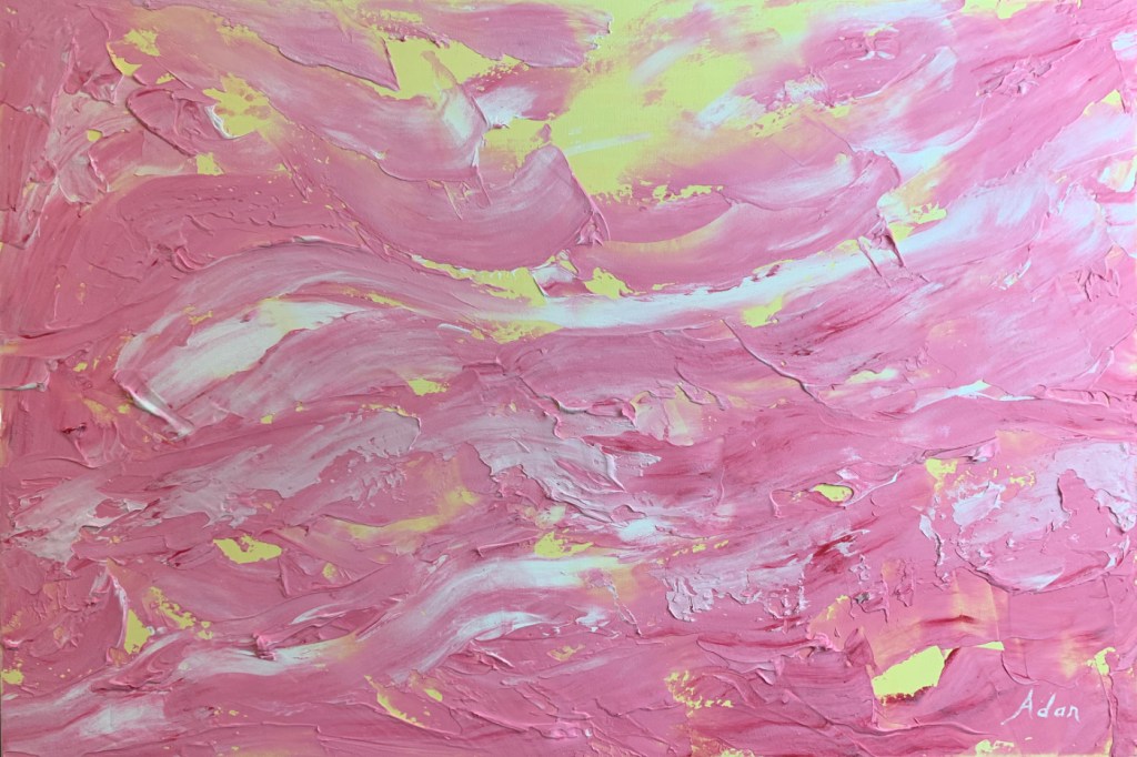 February 23, 2022 – New 24×36 Inch #Acrylic #PaletteKnife #LyricalAbstract Upload @FineArtAmerica – Scenic Pink with&nbsp;Yellow