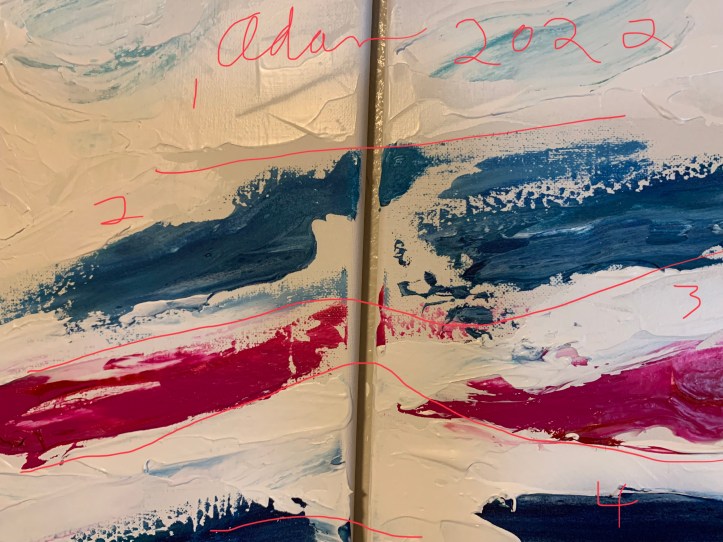 Notated : In-progress (after) 5 piece 20x50 inch (total) polyptych - Red Blue on White March 2022 ©Felipe Adan Lerma