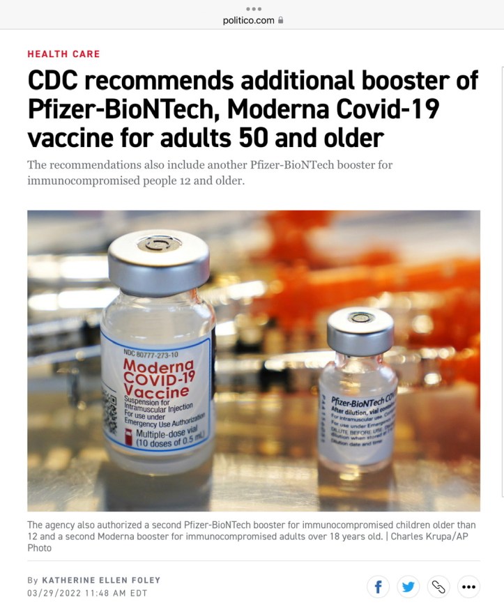 Second booster vaccine recommended for Covid-19 03.29.22 via Politico https://www.politico.com/news/2022/03/29/fda-additional-booster-pfizer-moderna-covid-vaccine-00021248
