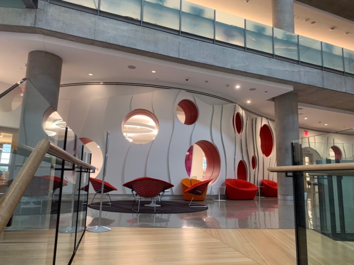 Decorative red & white interior wall at the Austin Public Library - https://library.austintexas.gov/central-library