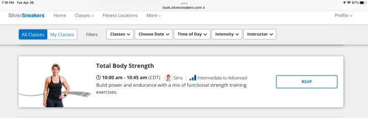 SilverSneakers live online 45 min class Total Body Strength - https://tools.silversneakers.com/Search/OnlineClasses