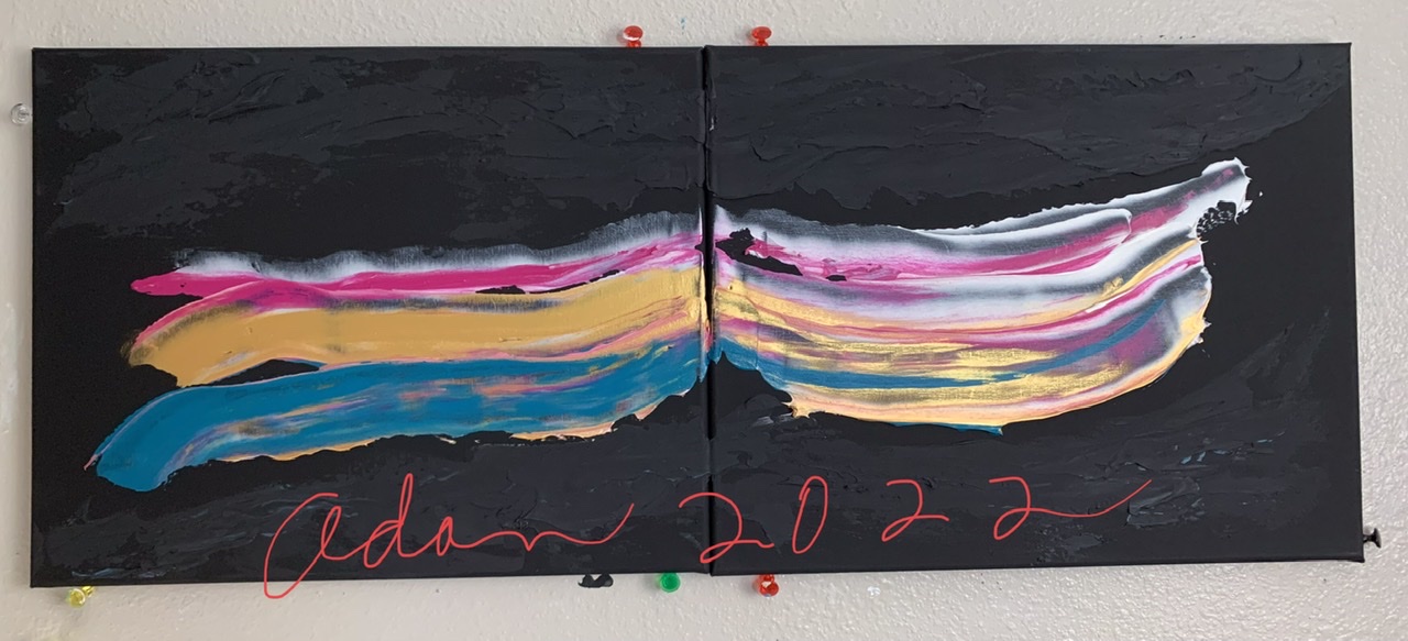 Rainbow Bird acrylic diptych April 2022 ©Felipe Adan Lerma, 2 16x20 inch panels