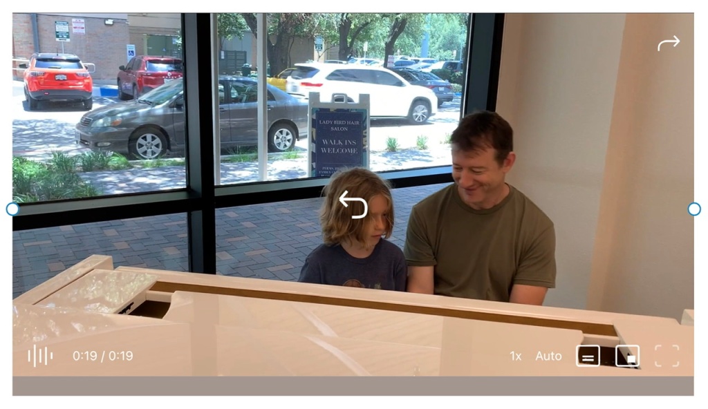 June 10, 2022 – Showing the 9 Year Old Grandson and His Dad the Piano in the Lobby of Our New Place, #TheLadyBird #AustinTexas