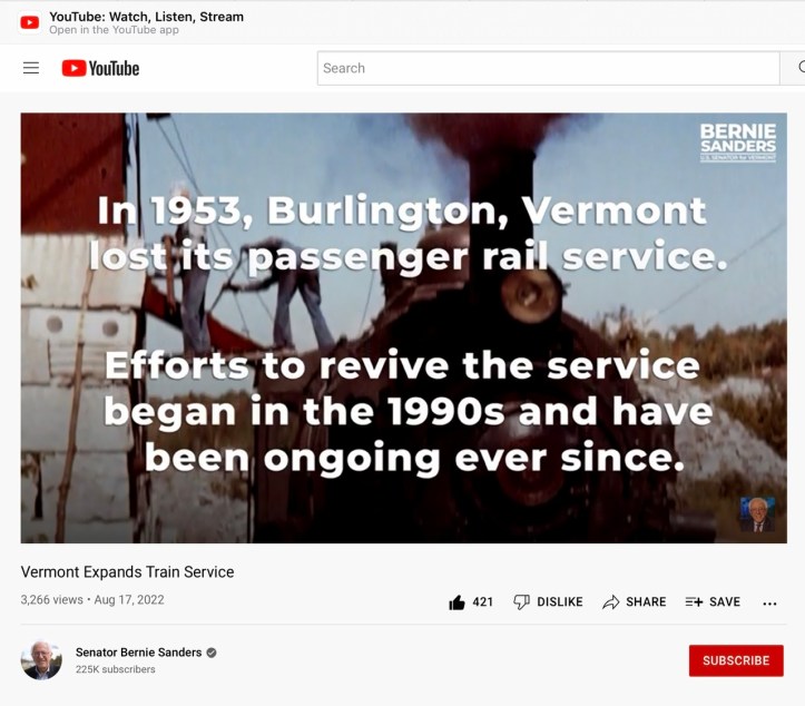 Train Service Vermont to NYC, info via Sen Bernie Sanders, D - Vt https://youtu.be/I6-8TPoOslE August 2022
