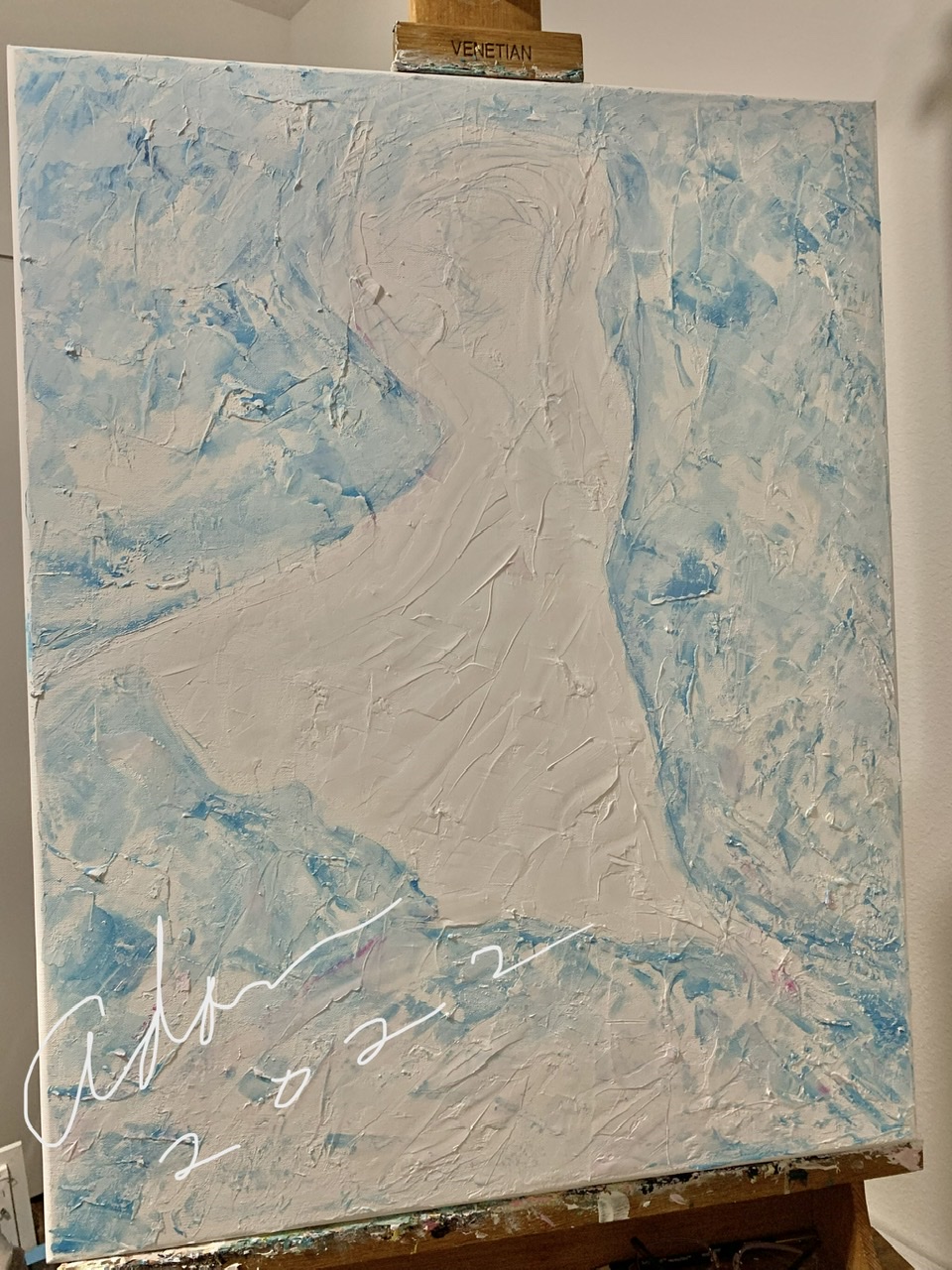 September 19, 2022 – Working Texture and Figures into Compositions I Like, Part 4 : Adding a 3rd ( pink ) Layer to Danseur en Bleu ( formerly Dancing Turquoise&nbsp;)