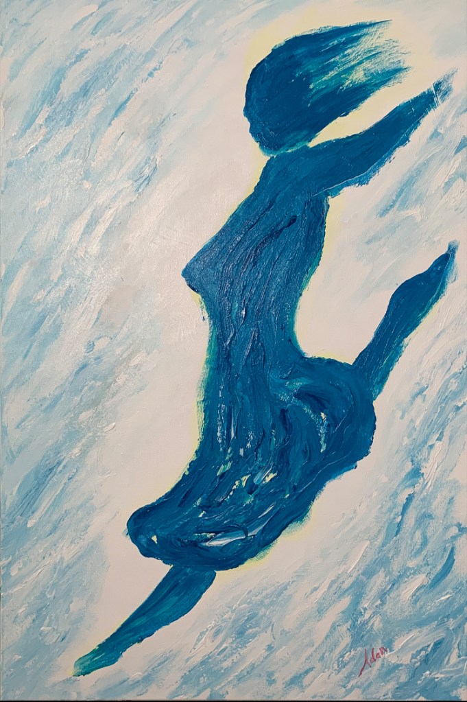 a lively, thought encouraging, textured blue tourquois painting on a smooth more ambiguous field of blues and off-whites