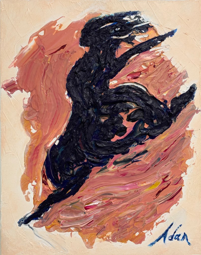 female figurative dancer lea-ing across a small canvas, all lightly to highly textured; dark tones for figure on bright energetic light and medium earth toned background; strong sense of dynamic motion; sense of optimism