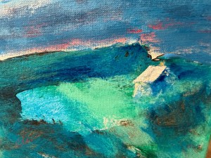 detail of an area of 2-layin canvas as study for separate 16x20 acrylic canvas