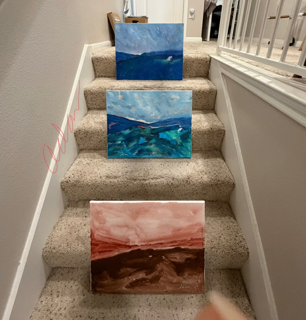 3 of my recent signed variation paintings (Dec '25, Jan '26) via my original Vermont photo - 1st Cabin Light