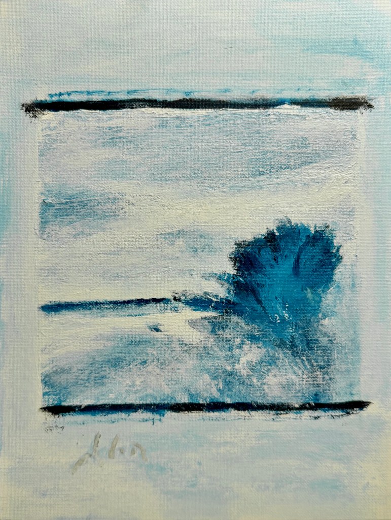 initial sm blue study to start vertical Island Line Trail Vermont painting series 2026 - https://www.saatchiart.com/print/Painting-Island-Line-Trail-Sunset-Vermont-Study-1-2026/2369095/13563515/view